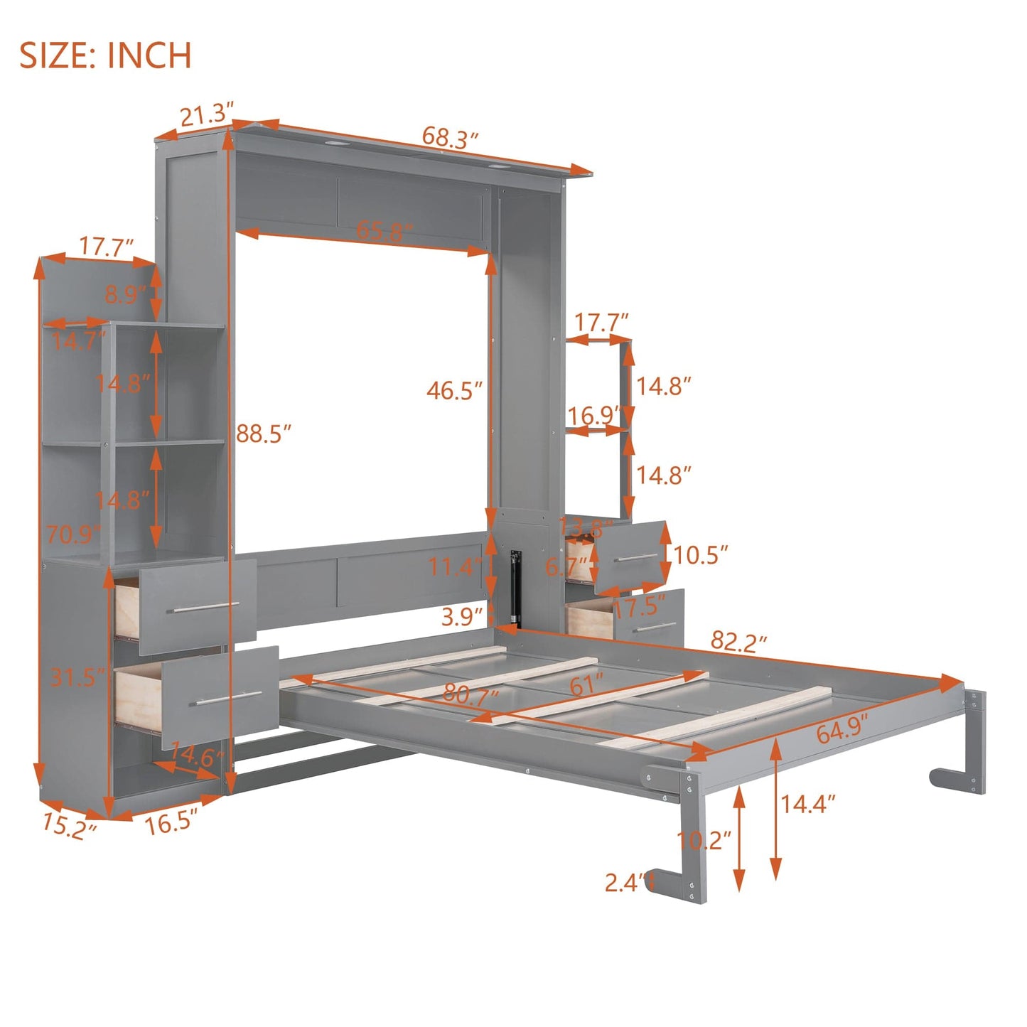 Giga Murphy Beds Queen Size Murphy Bed Wall Bed with Shelves, Drawers and LED Lights,Gray