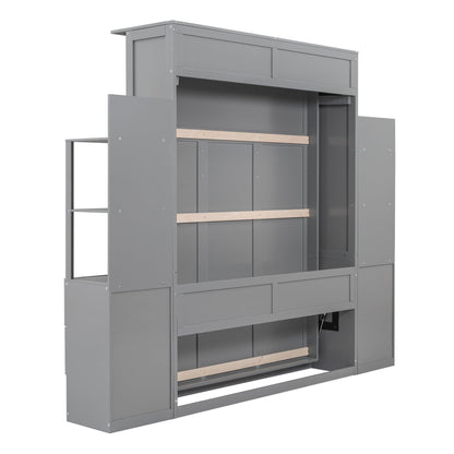 Giga Murphy Beds Queen Size Murphy Bed Wall Bed with Shelves, Drawers and LED Lights,Gray