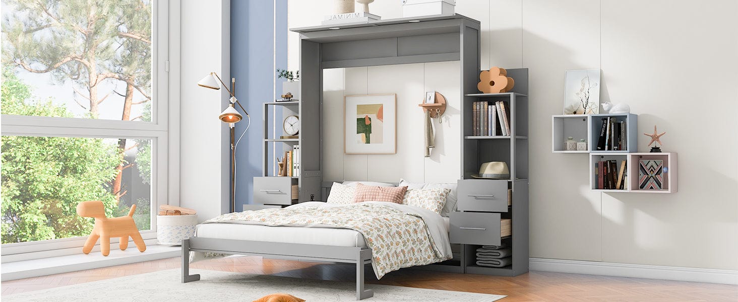 Giga Murphy Beds Queen Size Murphy Bed Wall Bed with Shelves, Drawers and LED Lights,Gray