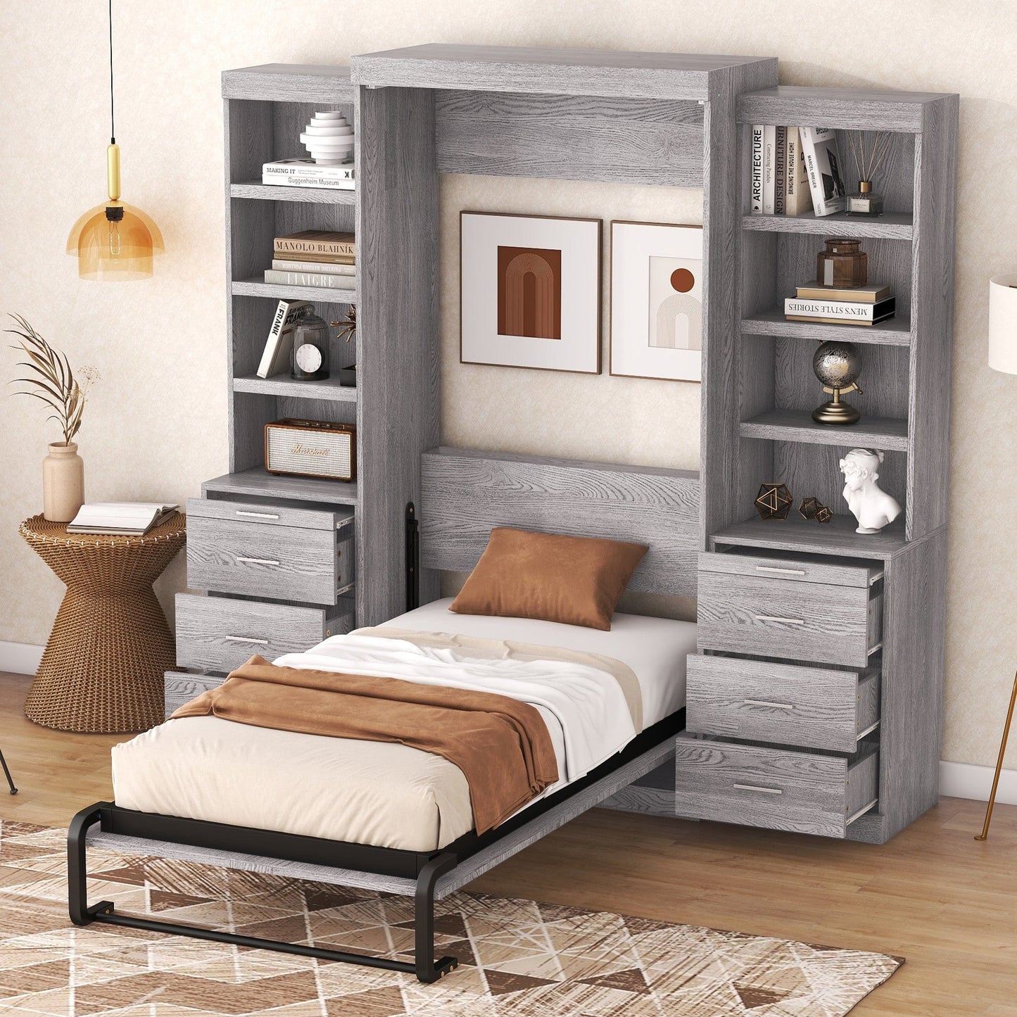 Giga Murphy Beds Twin Size Murphy Bed with Storage Shelves and Drawers, Gray