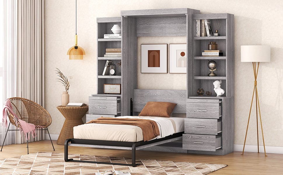 Giga Murphy Beds Twin Size Murphy Bed with Storage Shelves and Drawers, Gray