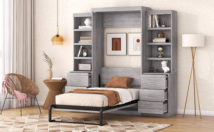 Giga Murphy Beds Twin Size Murphy Bed with Storage Shelves and Drawers, Gray