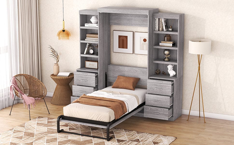 Giga Murphy Beds Twin Size Murphy Bed with Storage Shelves and Drawers, Gray