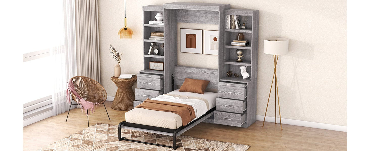 Giga Murphy Beds Twin Size Murphy Bed with Storage Shelves and Drawers, Gray