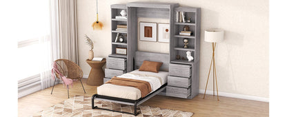 Giga Murphy Beds Twin Size Murphy Bed with Storage Shelves and Drawers, Gray