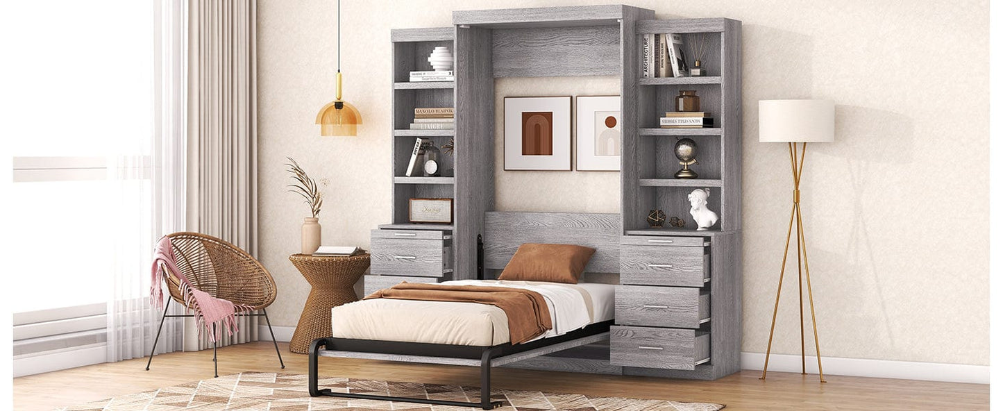 Giga Murphy Beds Twin Size Murphy Bed with Storage Shelves and Drawers, Gray