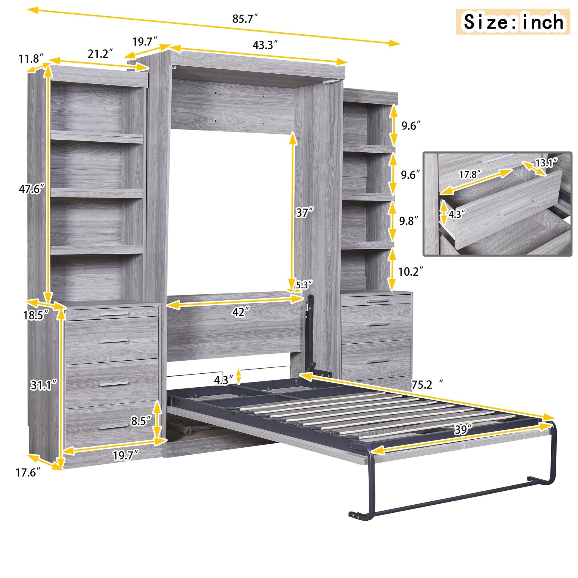 Giga Murphy Beds Twin Size Murphy Bed with Storage Shelves and Drawers, Gray