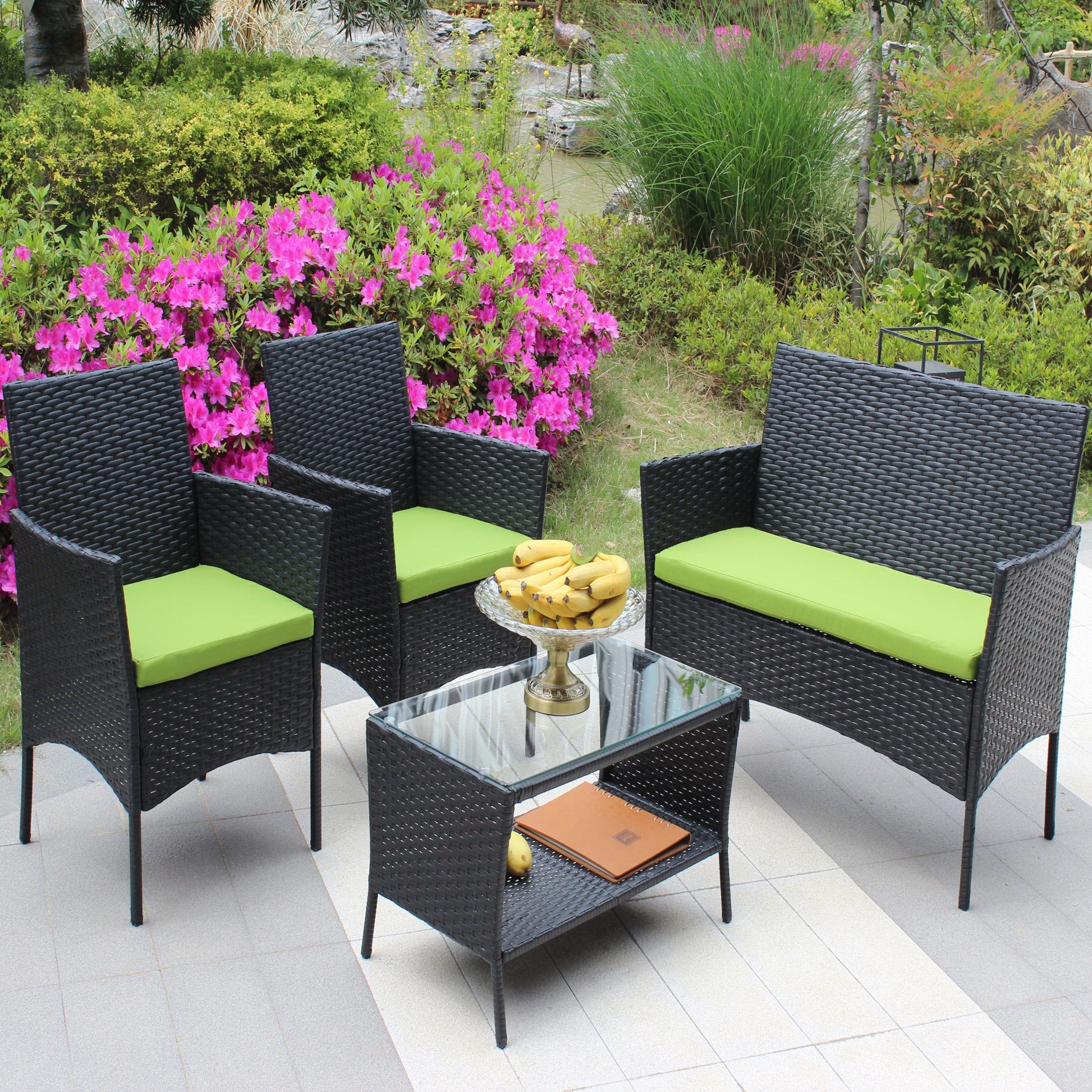 Giga Outdoor Furniture Sets 4 PC Rattan Patio Furniture Set Outdoor Patio Cushioned Seat Wicker Sofa (green Cushion)