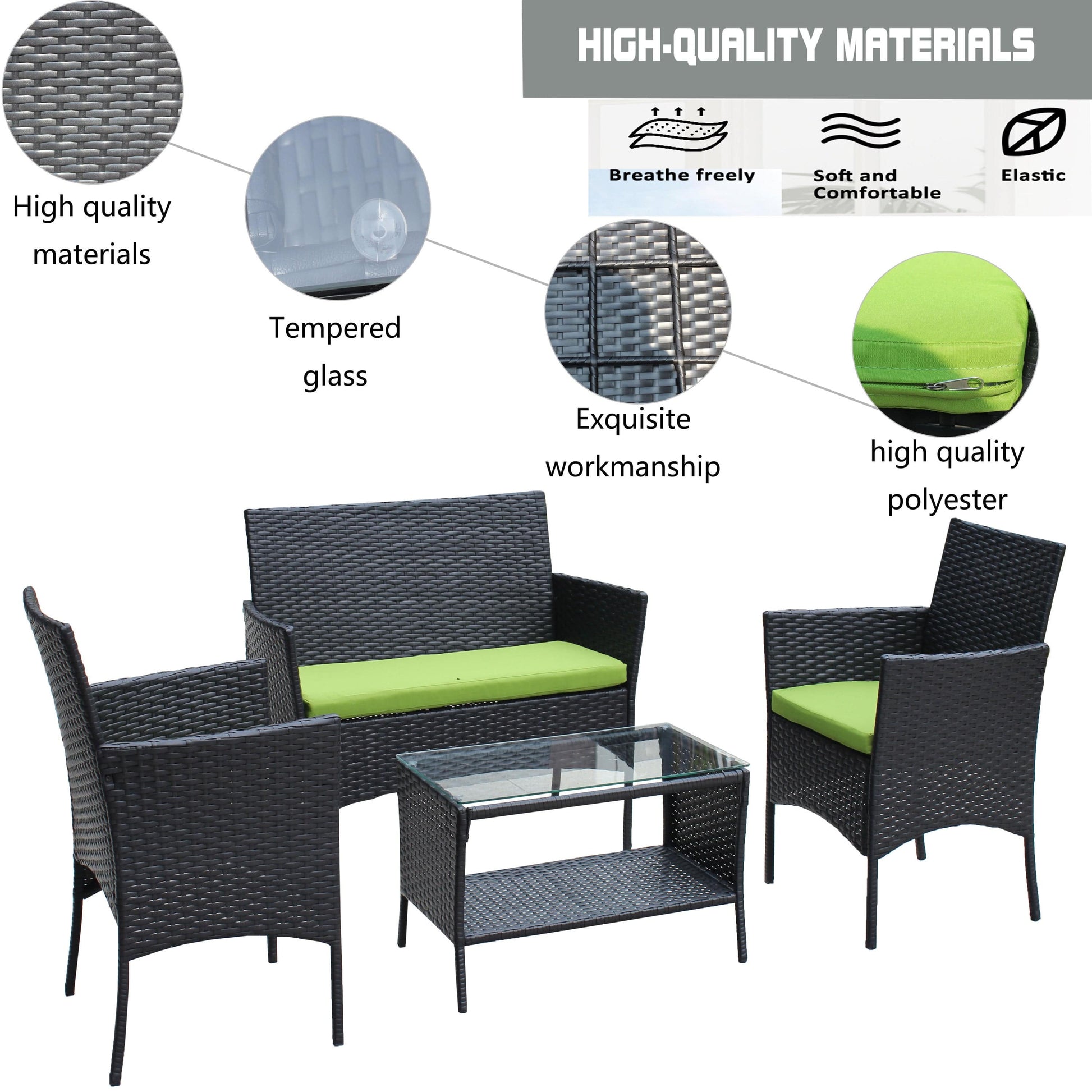 Giga Outdoor Furniture Sets 4 PC Rattan Patio Furniture Set Outdoor Patio Cushioned Seat Wicker Sofa (green Cushion)