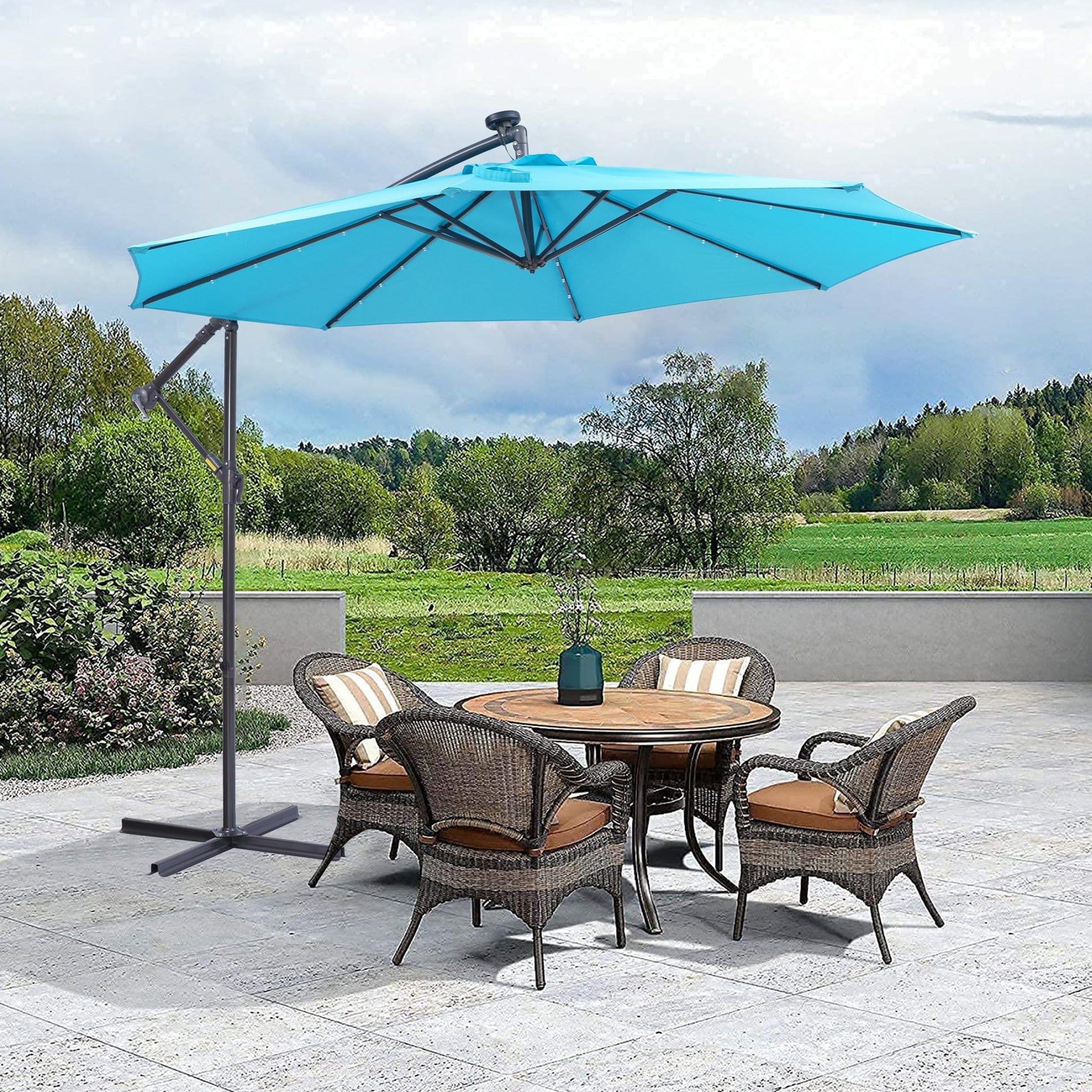 Giga Outdoor Umbrellas & Sunshades 10 FT Solar LED Patio Outdoor Umbrella Hanging Cantilever Umbrella Offset Umbrella Easy Open Adustment with 32 LED Lights