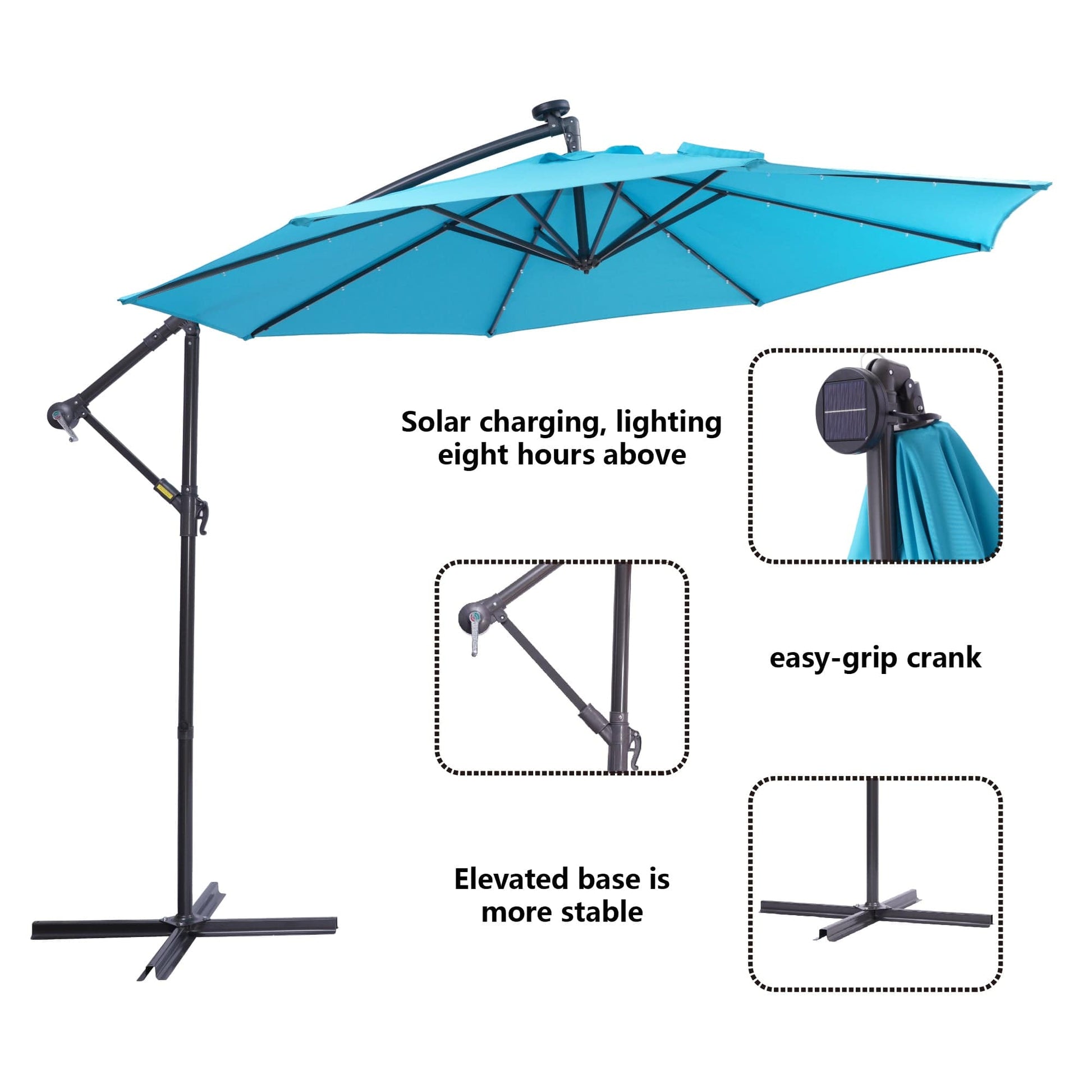 Giga Outdoor Umbrellas & Sunshades 10 FT Solar LED Patio Outdoor Umbrella Hanging Cantilever Umbrella Offset Umbrella Easy Open Adustment with 32 LED Lights