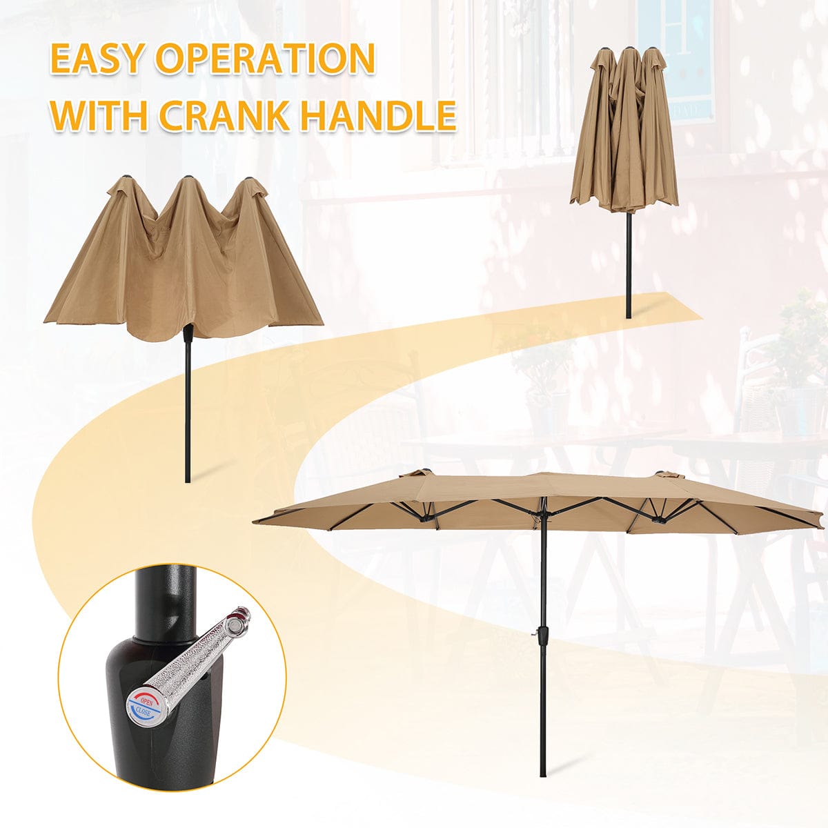 Giga Outdoor Umbrellas & Sunshades 15x9ft Large Double-Sided Rectangular Outdoor Twin Patio Market Umbrella w/Crank- taupe