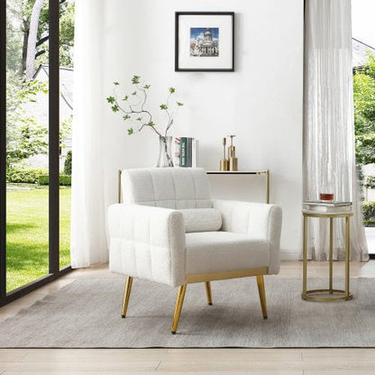 GigaCloud Accent Chairs Tufted White Teddy Fabric Accent Chair-Leisure Chair Armchair-Metal Trim and Gold Legs-Waist Pillow