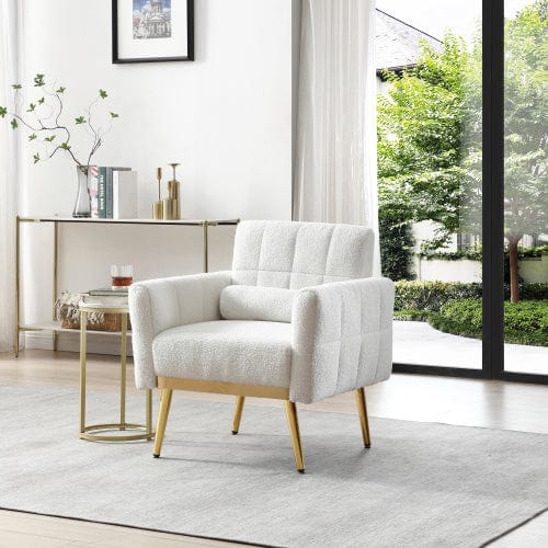 GigaCloud Accent Chairs Tufted White Teddy Fabric Accent Chair-Leisure Chair Armchair-Metal Trim and Gold Legs-Waist Pillow