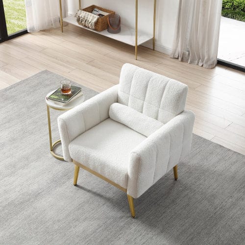 GigaCloud Accent Chairs Tufted White Teddy Fabric Accent Chair-Leisure Chair Armchair-Metal Trim and Gold Legs-Waist Pillow