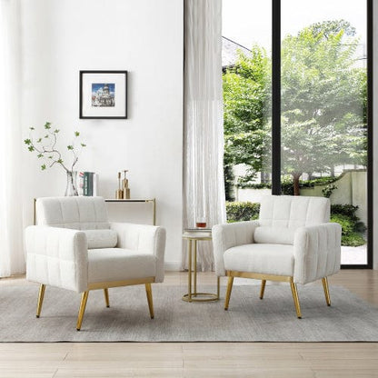 GigaCloud Accent Chairs Tufted White Teddy Fabric Accent Chair-Leisure Chair Armchair-Metal Trim and Gold Legs-Waist Pillow