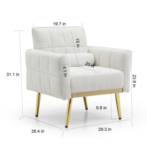 GigaCloud Accent Chairs Tufted White Teddy Fabric Accent Chair-Leisure Chair Armchair-Metal Trim and Gold Legs-Waist Pillow