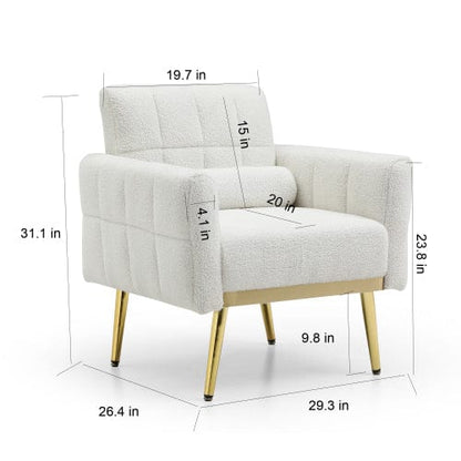 GigaCloud Accent Chairs Tufted White Teddy Fabric Accent Chair-Leisure Chair Armchair-Metal Trim and Gold Legs-Waist Pillow