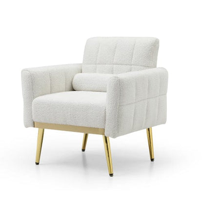 GigaCloud Accent Chairs Tufted White Teddy Fabric Accent Chair-Leisure Chair Armchair-Metal Trim and Gold Legs-Waist Pillow