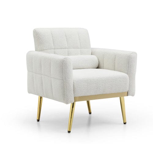 GigaCloud Accent Chairs Tufted White Teddy Fabric Accent Chair-Leisure Chair Armchair-Metal Trim and Gold Legs-Waist Pillow