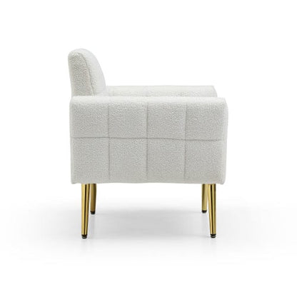 GigaCloud Accent Chairs Tufted White Teddy Fabric Accent Chair-Leisure Chair Armchair-Metal Trim and Gold Legs-Waist Pillow