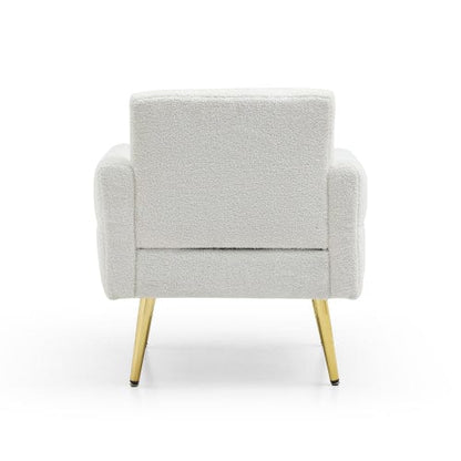 GigaCloud Accent Chairs Tufted White Teddy Fabric Accent Chair-Leisure Chair Armchair-Metal Trim and Gold Legs-Waist Pillow