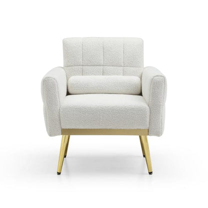 GigaCloud Accent Chairs Tufted White Teddy Fabric Accent Chair-Leisure Chair Armchair-Metal Trim and Gold Legs-Waist Pillow