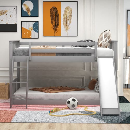 GigaCloud Bunk Beds Twin over Twin Bunk Bed with Convertible Slide and Ladder-Solid Wood Bed-No Box Spring Needed-Gray