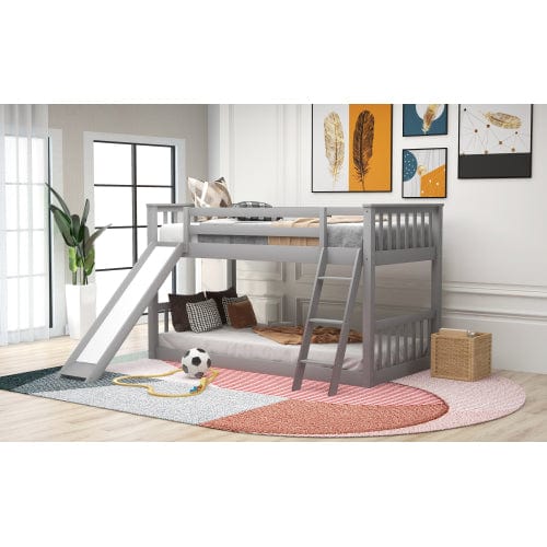 GigaCloud Bunk Beds Twin over Twin Bunk Bed with Convertible Slide and Ladder-Solid Wood Bed-No Box Spring Needed-Gray