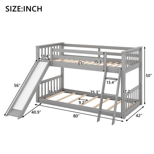 GigaCloud Bunk Beds Twin over Twin Bunk Bed with Convertible Slide and Ladder-Solid Wood Bed-No Box Spring Needed-Gray