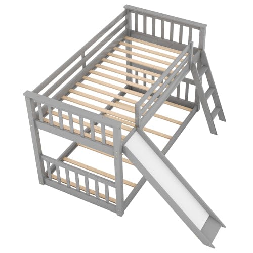 GigaCloud Bunk Beds Twin over Twin Bunk Bed with Convertible Slide and Ladder-Solid Wood Bed-No Box Spring Needed-Gray