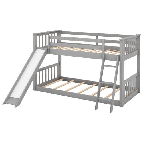 GigaCloud Bunk Beds Twin over Twin Bunk Bed with Convertible Slide and Ladder-Solid Wood Bed-No Box Spring Needed-Gray