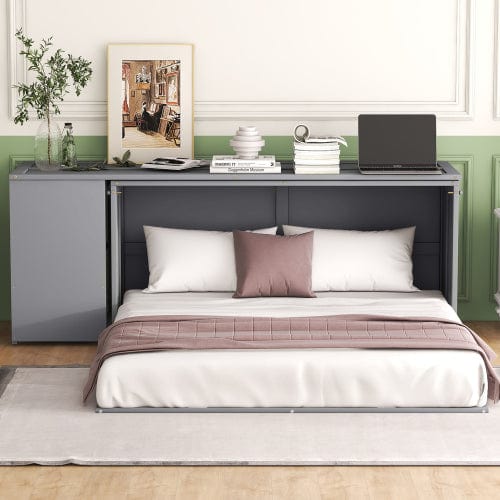 GigaCloud Murphy Beds Queen Size Murphy Bed with Rotable Desk-Wall Bed for Space Saving Design-No Box Spring Needed-Gray