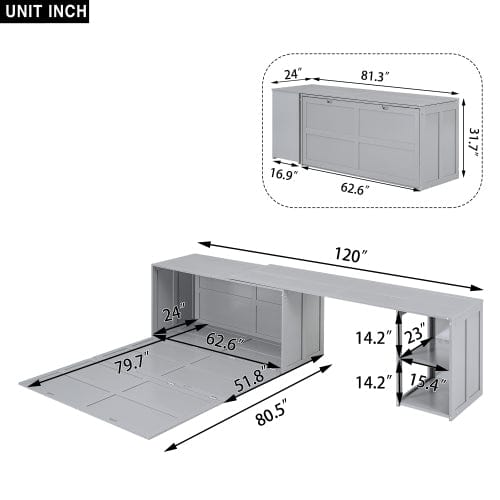 GigaCloud Murphy Beds Queen Size Murphy Bed with Rotable Desk-Wall Bed for Space Saving Design-No Box Spring Needed-Gray