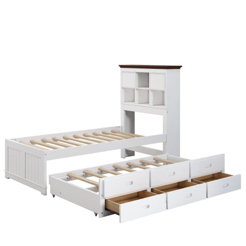 GigaCloud Toddler Beds 3 Pieces Wooden Captain Bedroom Set Twin Bed with Trundle, Nightstand and Chest, White + Walnut