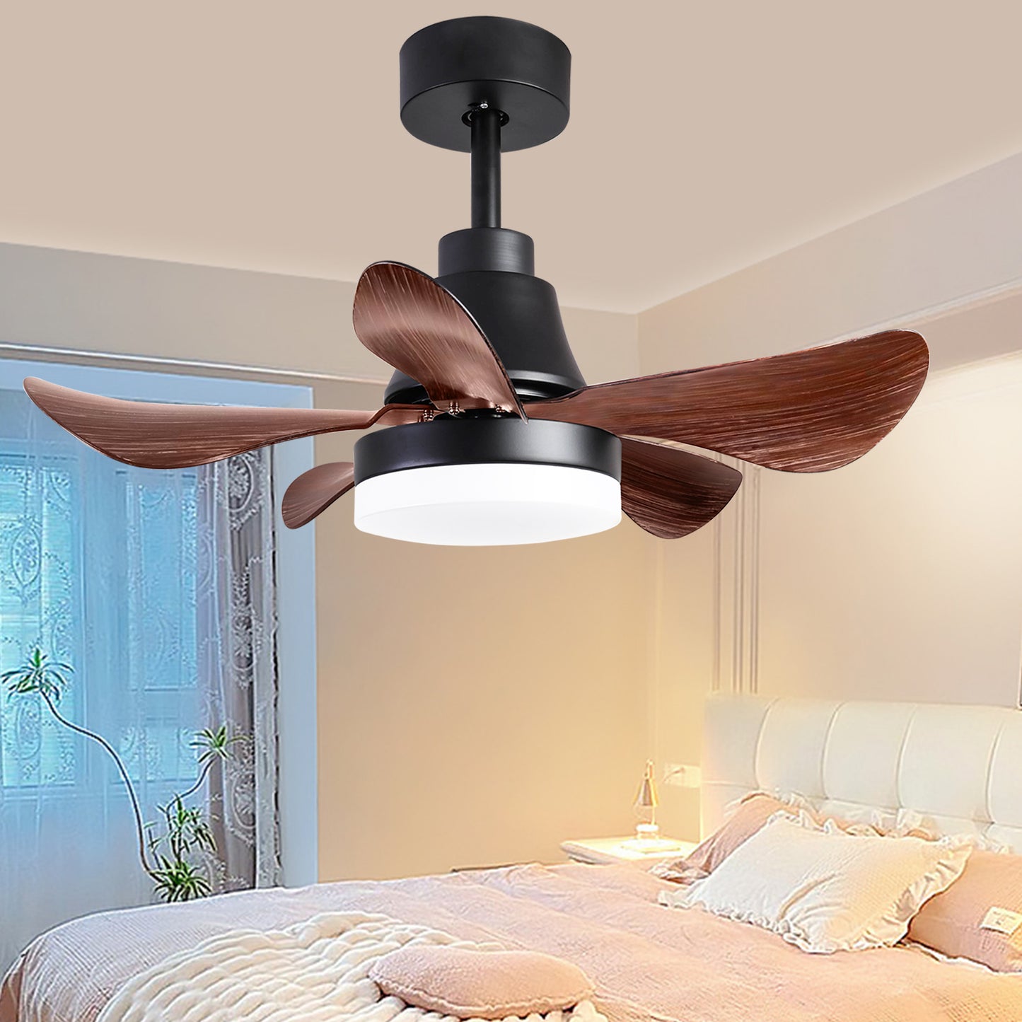 28 lnch Ceiling Fan with Lights Remote Control, Small Ceiling Fan Flush Mount, 5 Reversible Blades, Low Profile Ceiling Fan Light with 6 Speeds 3 Colors for Bedroom Kitchen