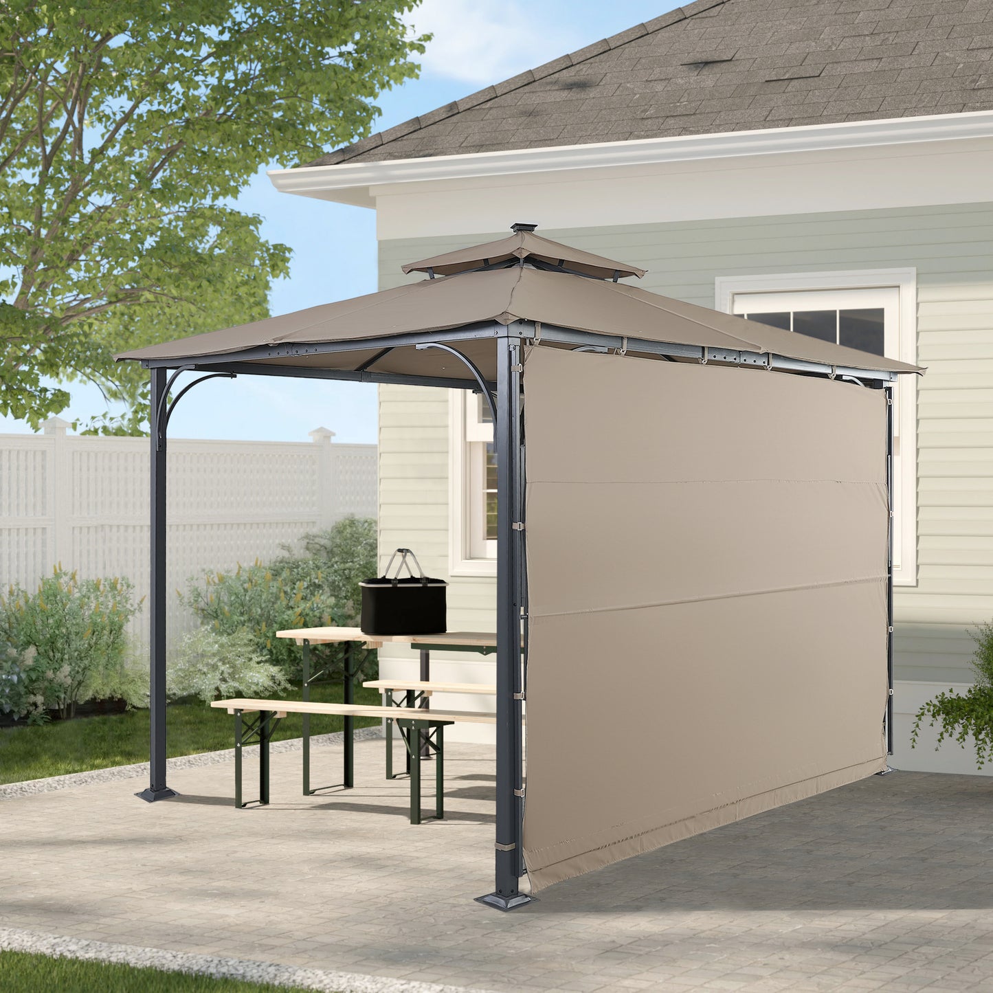 TOPMAX Patio 9.8ft.L x 9.8ft.W Gazebo with Extended Side Shed/Awning and LED Light for Backyard,Poolside, Deck, Brown