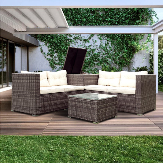 4 Piece Patio Sectional Wicker Rattan Outdoor Furniture Sofa Set with Storage Box - Creme