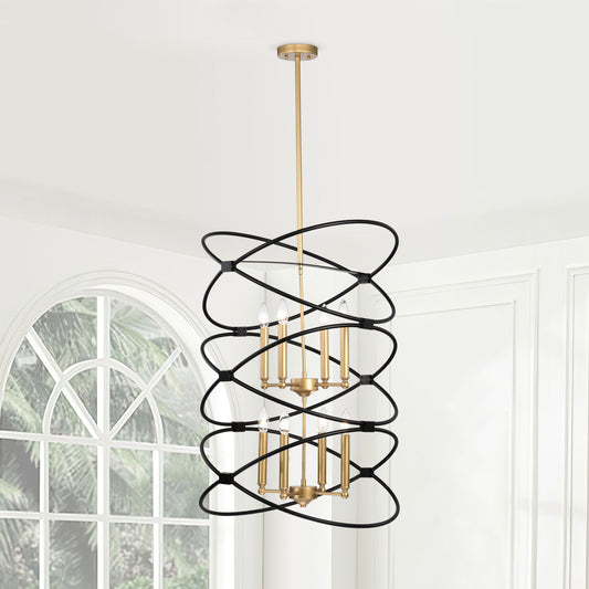 Transitional Gold/Matte Black Metal Chandelier indoor or outdoor Fixture, 8 lights, 2-Tier-Candle Ceiling Light for Living Room, Bedroom, Dining Room, Dimmable, E12, W23.6*H55