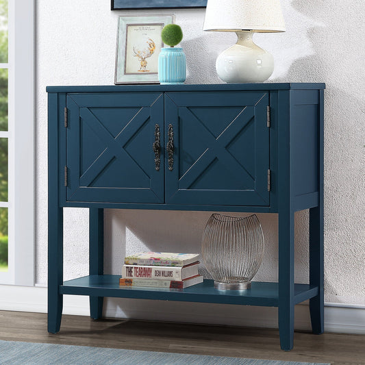 35'' Farmhouse Wood Buffet Sideboard Console Table with Bottom Shelf and 2-Door Cabinet, for Living Room, Entryway,Kitchen Dining Room Furniture (Navy Blue)