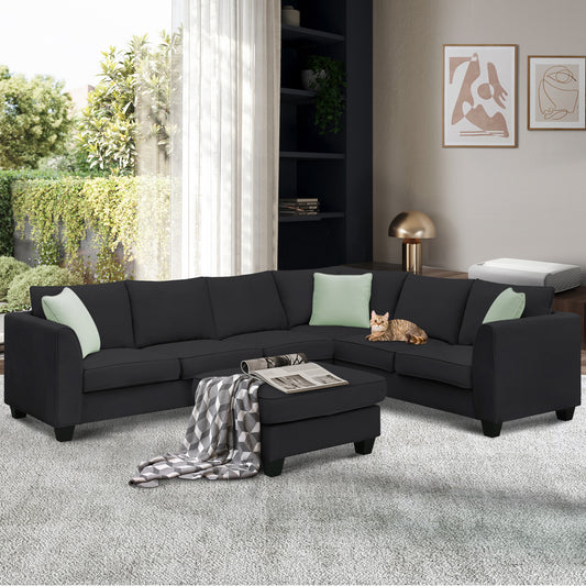 Sectional Sofa - Couch - Living Room Sets, 7 Seats Modular Sectional Sofa with Ottoman, L Shape Fabric Sofa Corner Couch Set with 3 Pillows, Black [VIDEO provided] 112"L X 87"W