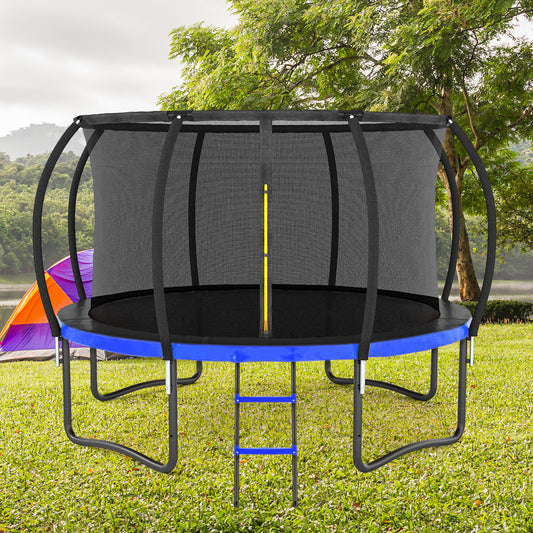 12FT Outdoor Big Trampoline With Inner Safety Enclosure Net, Ladder, PVC Spring Cover Padding, For Kids, Black&Blue Color